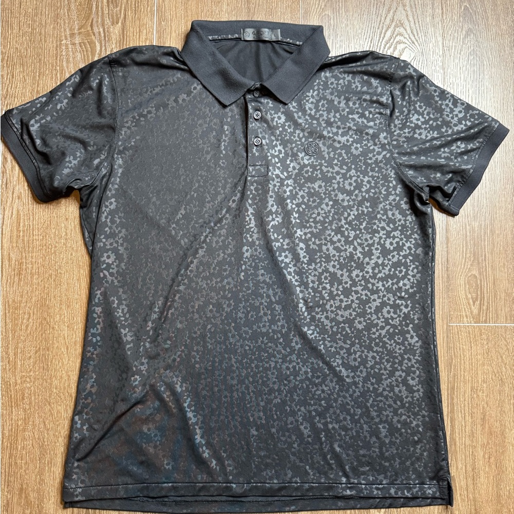 G/FORE Polo Shirt Men L Black Floral Print Golf Performance Landings Embroidered